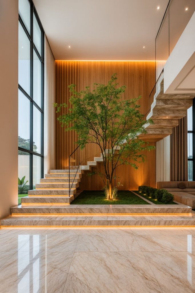 living space with a indoor tree planted on a raised bed